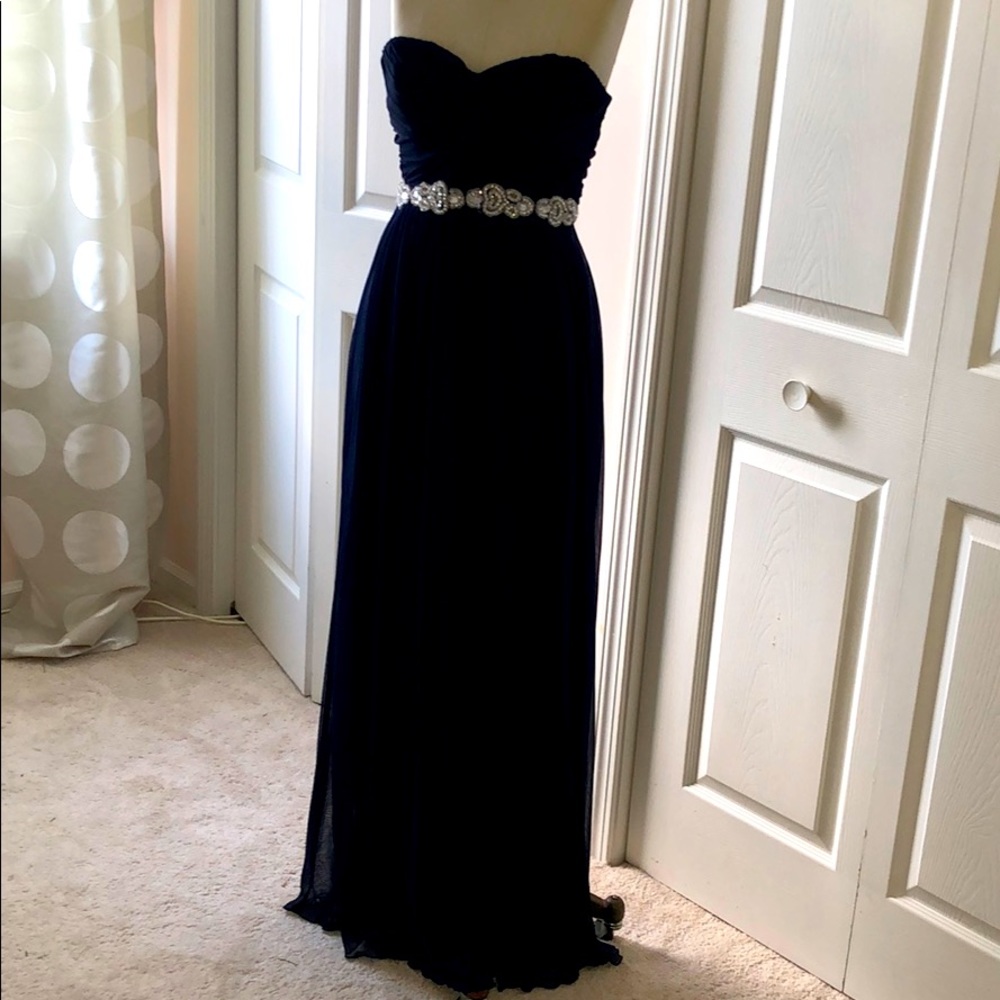 Navy blue strapless evening gown